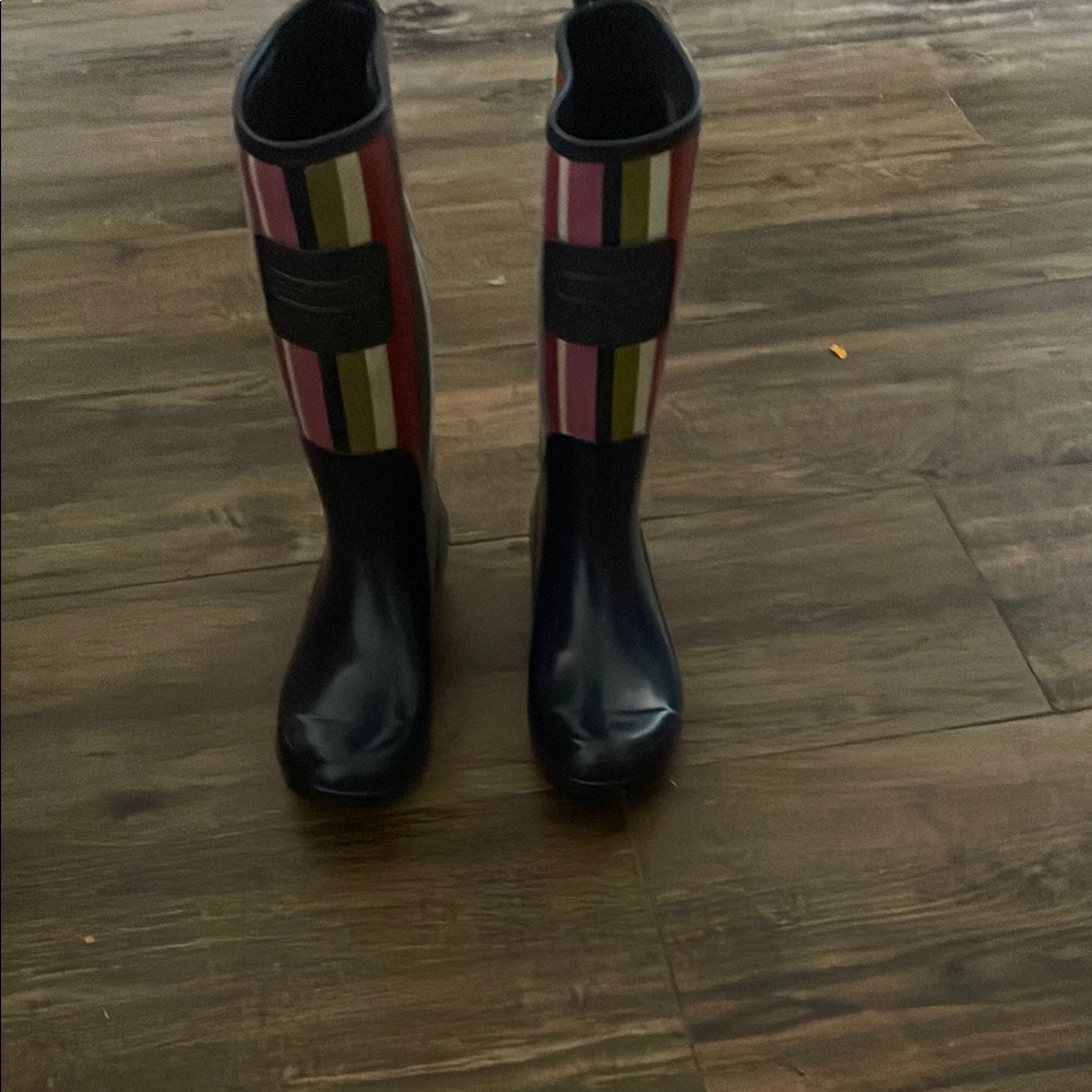 Coach Black and Multicolor Striped Rain Boots